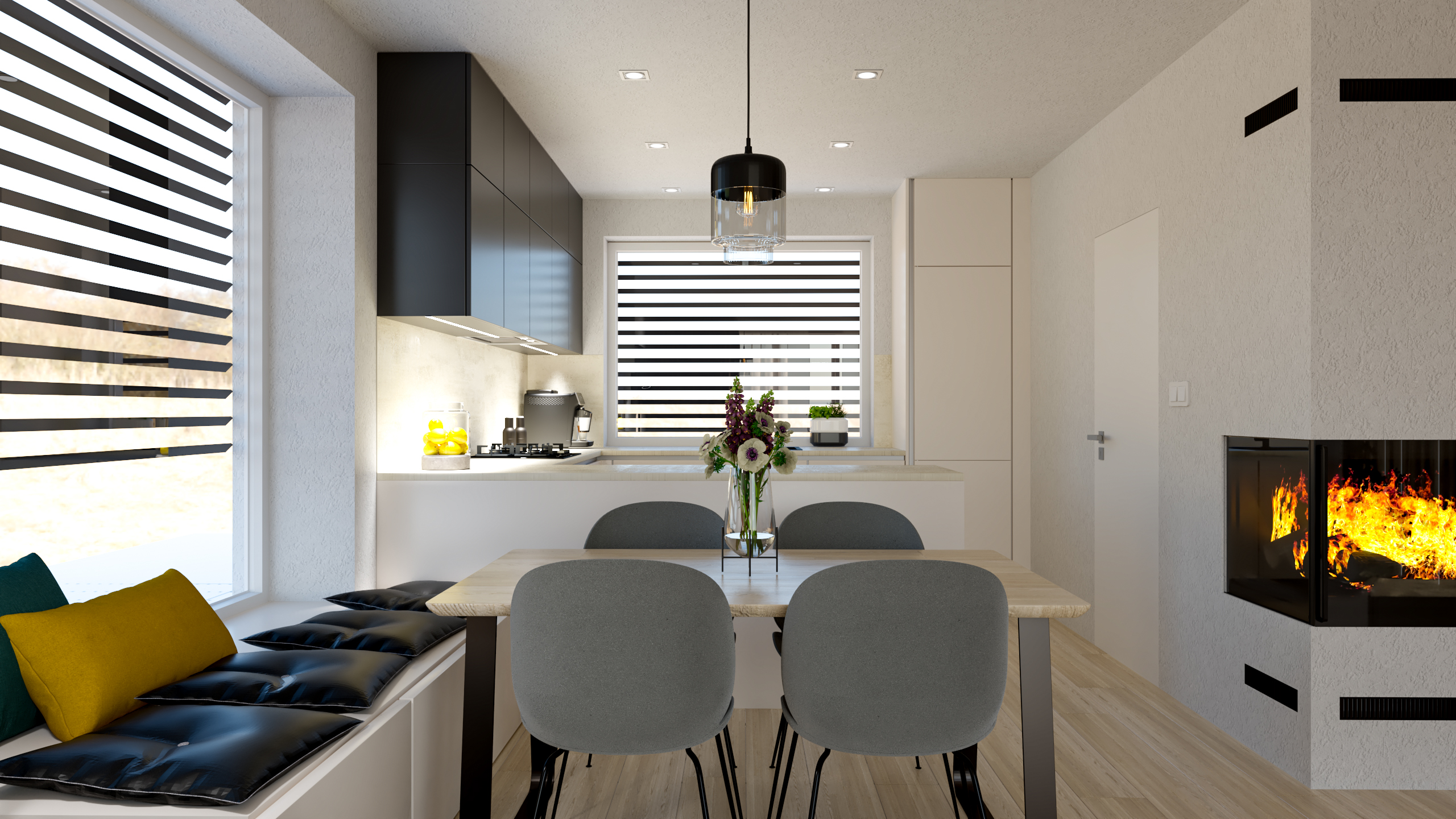 návrh interiéru kuchyňa s obývačkou
